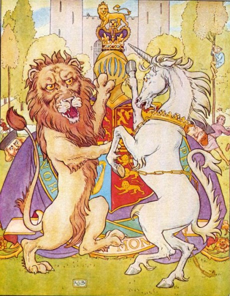 Lion and Unicorn battling over the Crown
