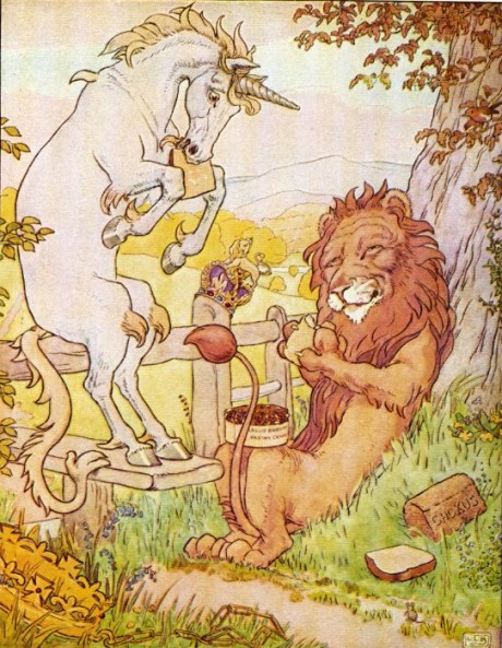 Unicorn and Lion having a Picnic