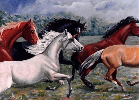 Unicorn running with Horses