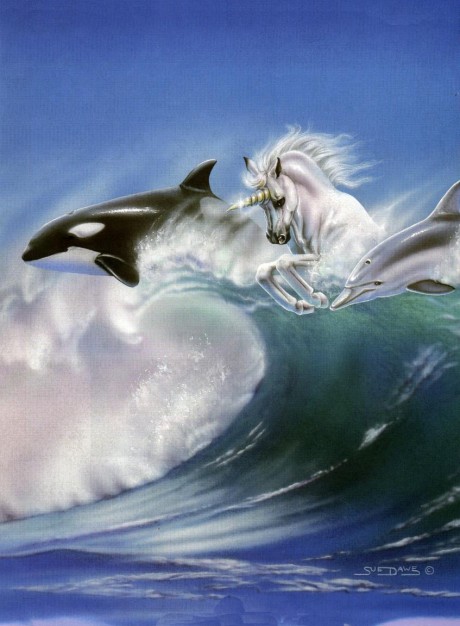 Unicorn surfing with Dolphin and Whale